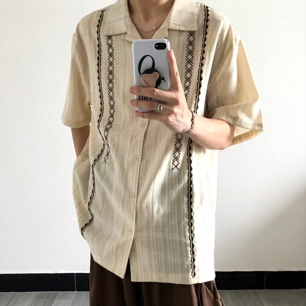 原創設計感小眾古巴領印花拼接襯衫短袖