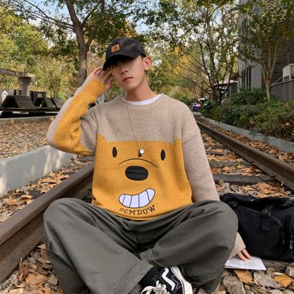 春秋韓版潮流情侶裝長袖休閒小熊針織毛衣