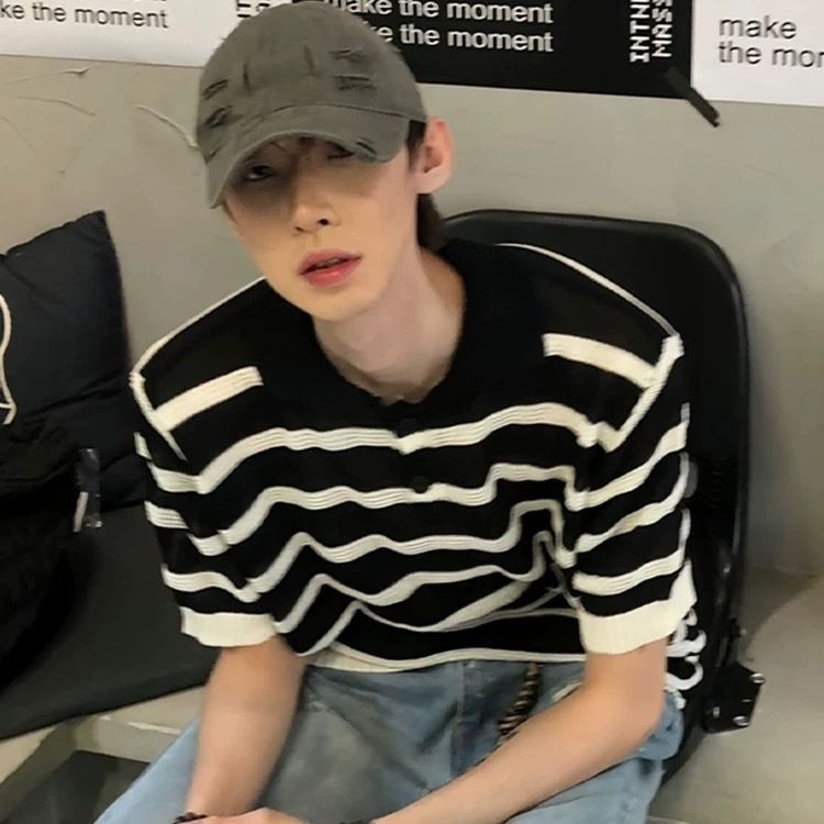 黑白條紋鏤空冰絲針織衫美式翻領polo衫短袖t恤