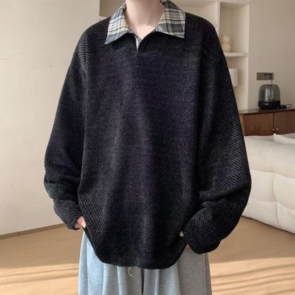 假兩件針織polo打底衫寬鬆大碼長袖t恤