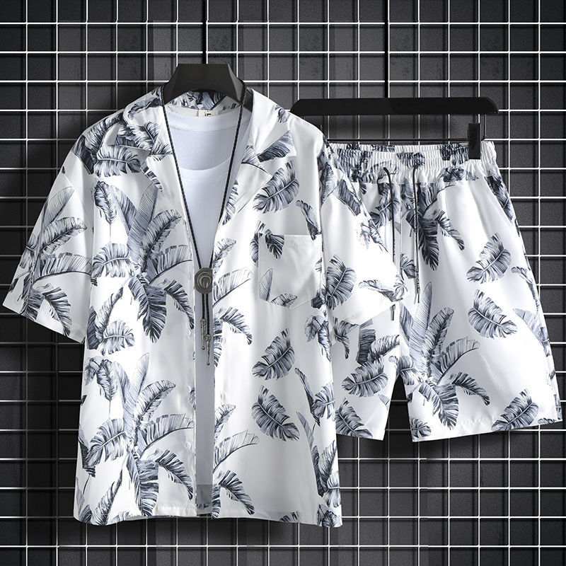 冰絲短褲一整套男夏季薄款寬鬆短袖碎花襯衫夏威夷情侶沙灘服套裝