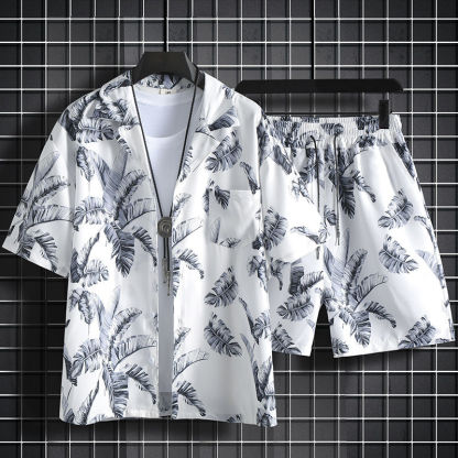 冰絲短褲一整套男夏季薄款寬鬆短袖碎花襯衫夏威夷情侶沙灘服套裝