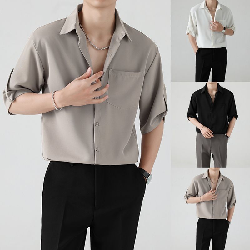 【單件/套裝】冰絲設計感七分短袖襯衫+休閒西褲兩件套裝