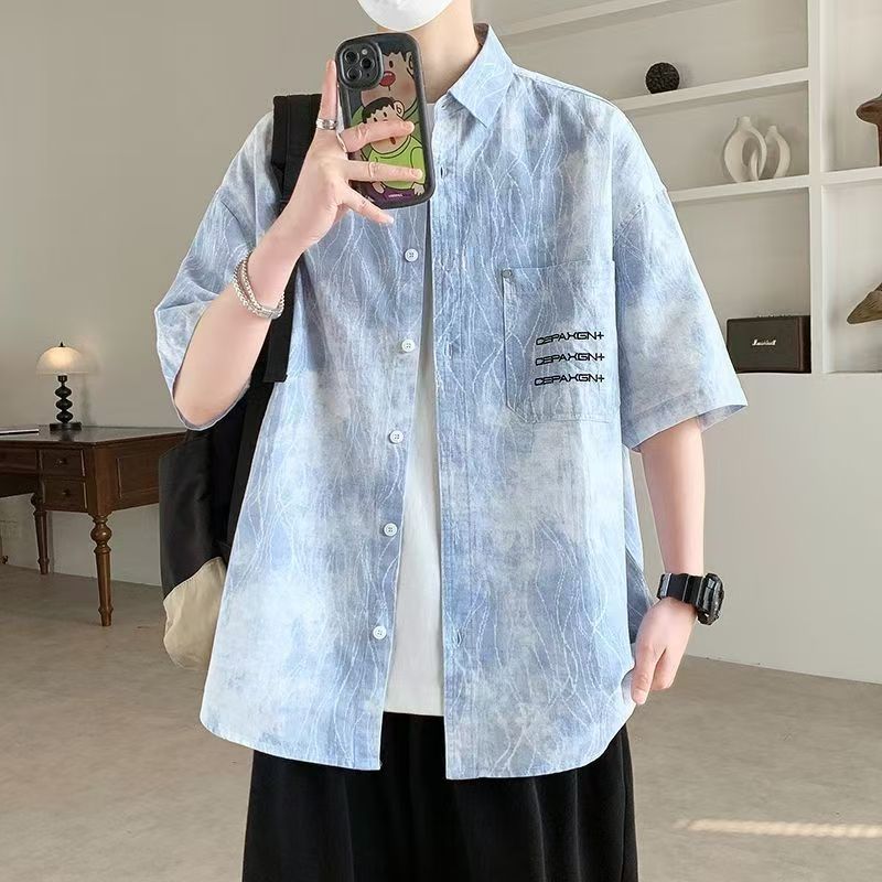 扎染休閒潮流時尚寬鬆大碼短袖襯衫