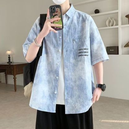 扎染休閒潮流時尚寬鬆大碼短袖襯衫