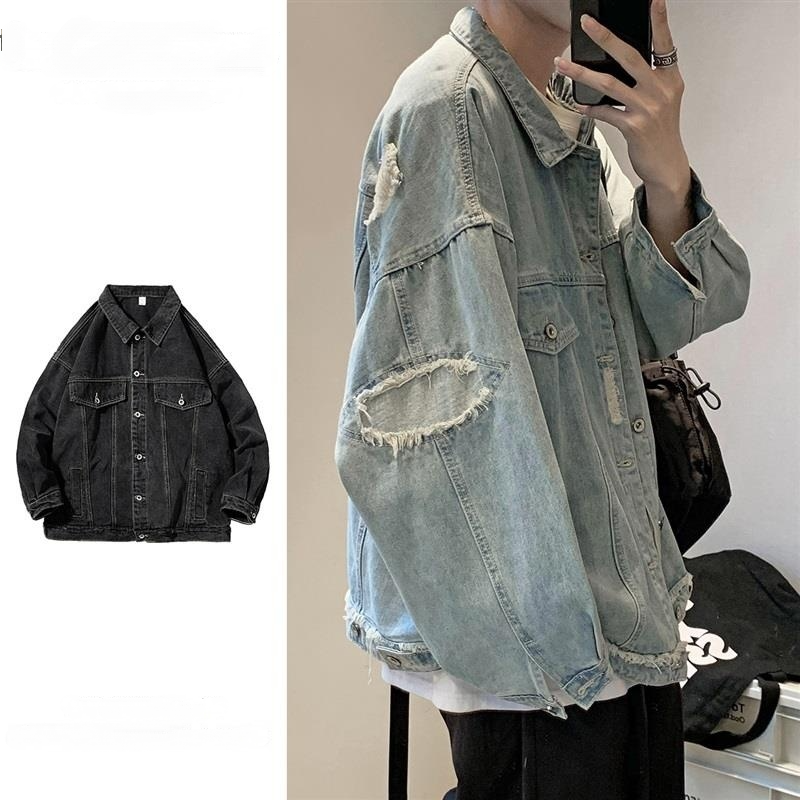破洞炸街痞帥潮流工裝牛仔夾克