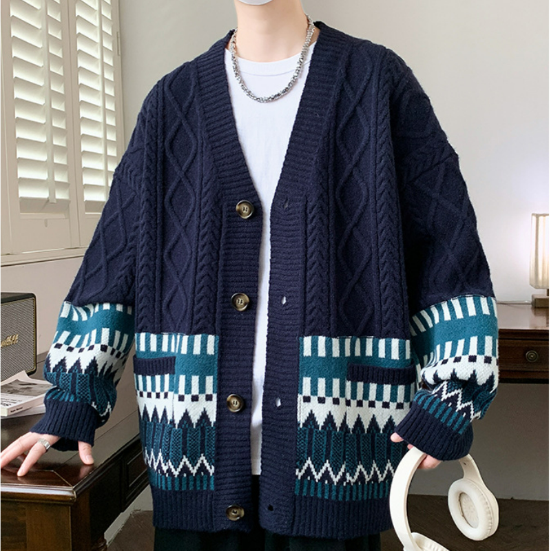 美式寬鬆麻花毛衣外套V領慵懶風情侶針織開衫