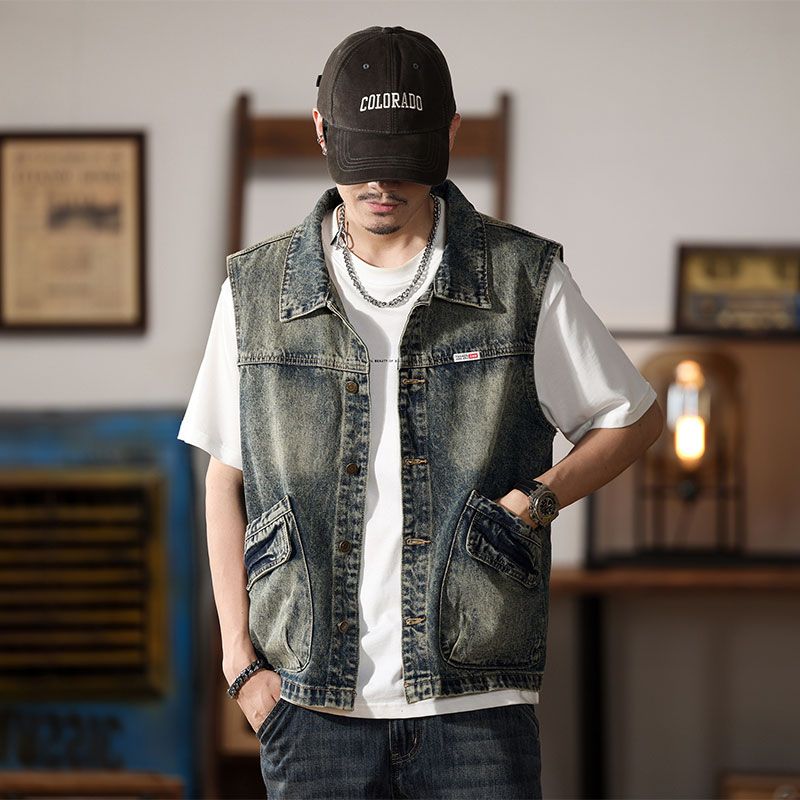 美式復古懷舊寬鬆潮流工裝大口袋牛仔馬甲