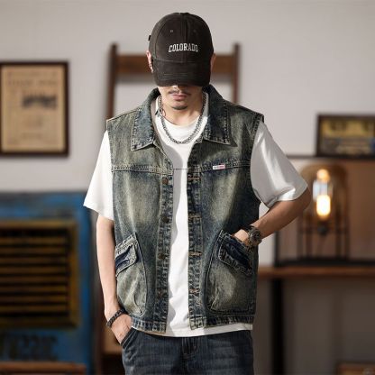 美式復古懷舊寬鬆潮流工裝大口袋牛仔馬甲