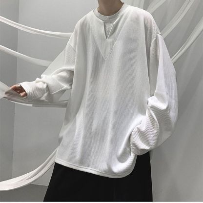 垂墜感潮流休閒假兩件港風日系長袖T恤