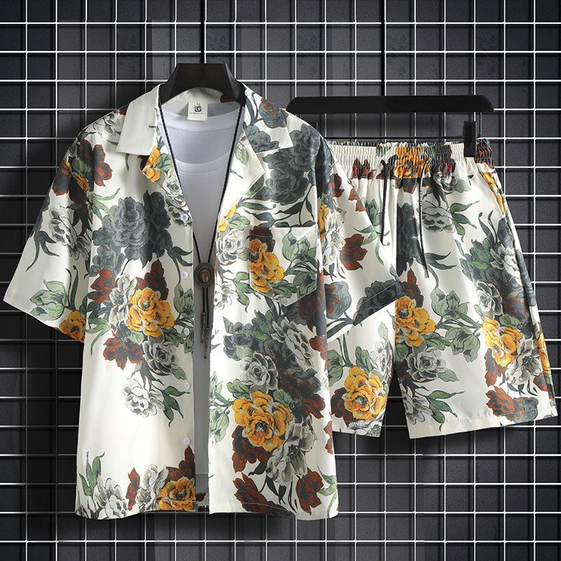 冰絲短褲一整套男夏季薄款寬鬆短袖碎花襯衫夏威夷情侶沙灘服套裝
