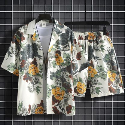冰絲短褲一整套男夏季薄款寬鬆短袖碎花襯衫夏威夷情侶沙灘服套裝