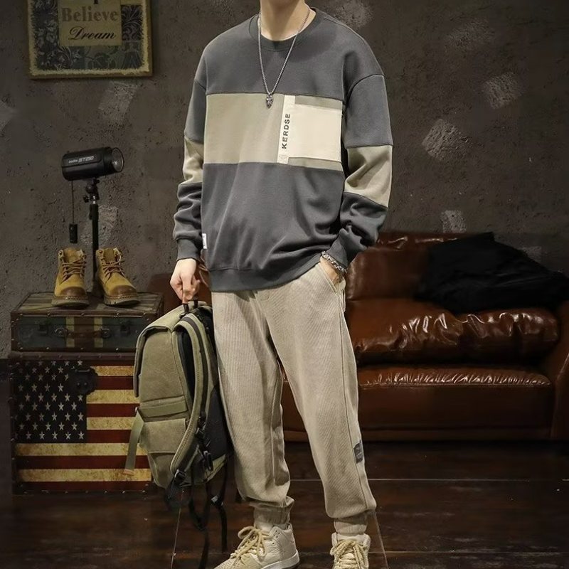 美式重磅青春時尚寬鬆寬鬆圓領拼色長袖T恤