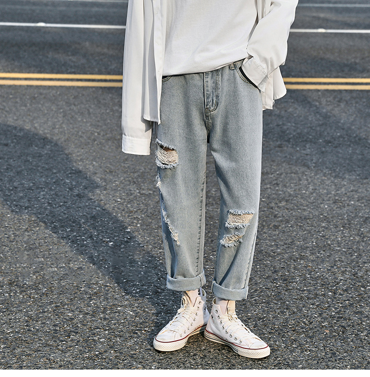 薄款寬鬆百搭直筒潮流破洞九分牛仔褲-Nuostyle