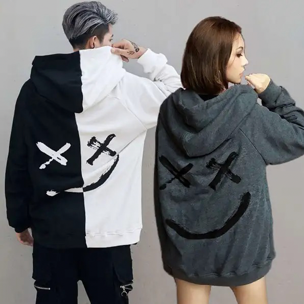 時尚拼色笑臉長袖運動連帽衛衣