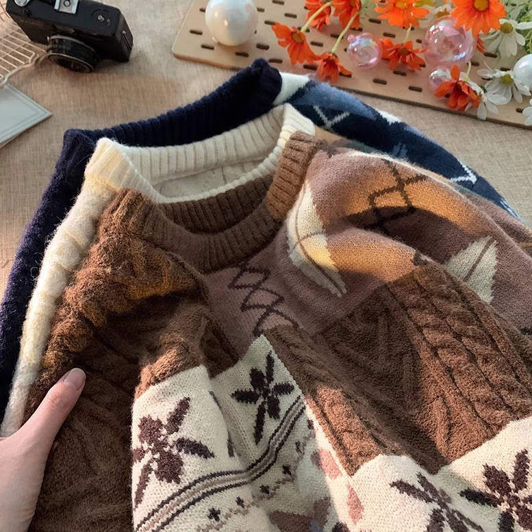 卡通圓領顯瘦日系拼接撞色長袖針織衫