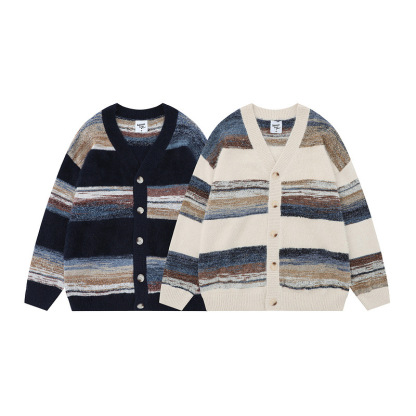 針織復古慵懶風撞色條紋長袖開衫