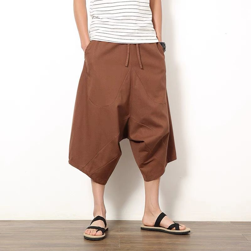 寬鬆薄款休閒亞麻潮流沙灘棉麻七分哈倫褲