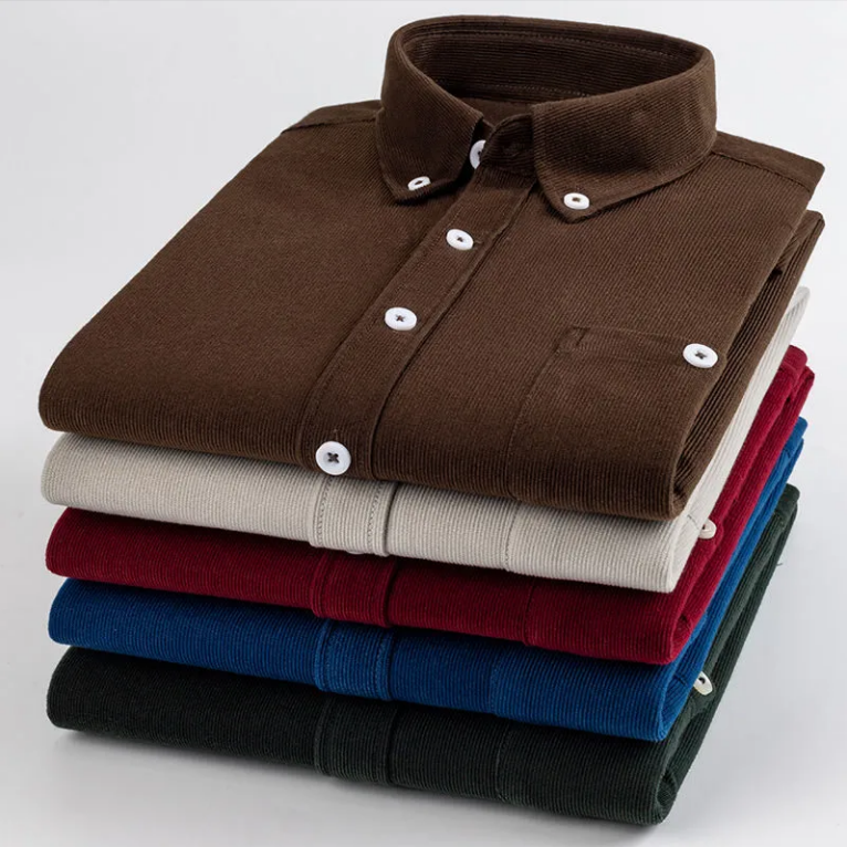 韓版寬鬆純色磨毛有口袋燈芯絨長袖襯衫