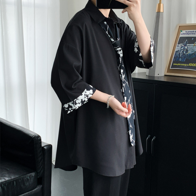 【送領帶】時尚網紅痞帥港風慵懶風短袖襯衫