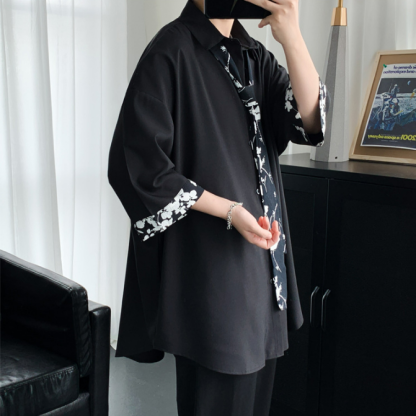 【送領帶】時尚網紅痞帥港風慵懶風短袖襯衫