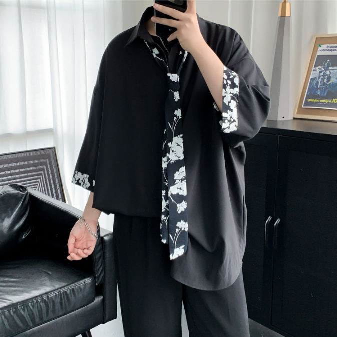 【送領帶】時尚網紅痞帥港風慵懶風短袖襯衫