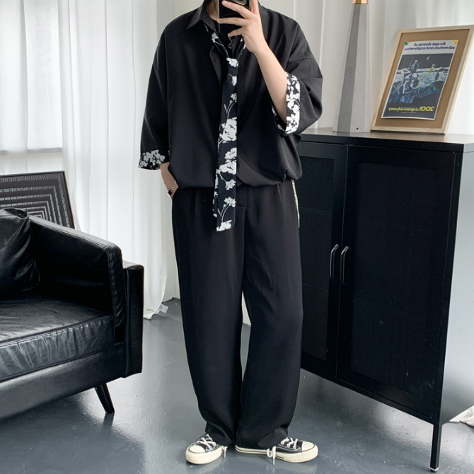 【送領帶】時尚網紅痞帥港風慵懶風短袖襯衫