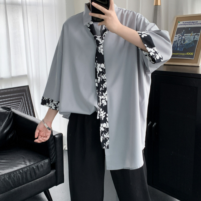 【送領帶】時尚網紅痞帥港風慵懶風短袖襯衫
