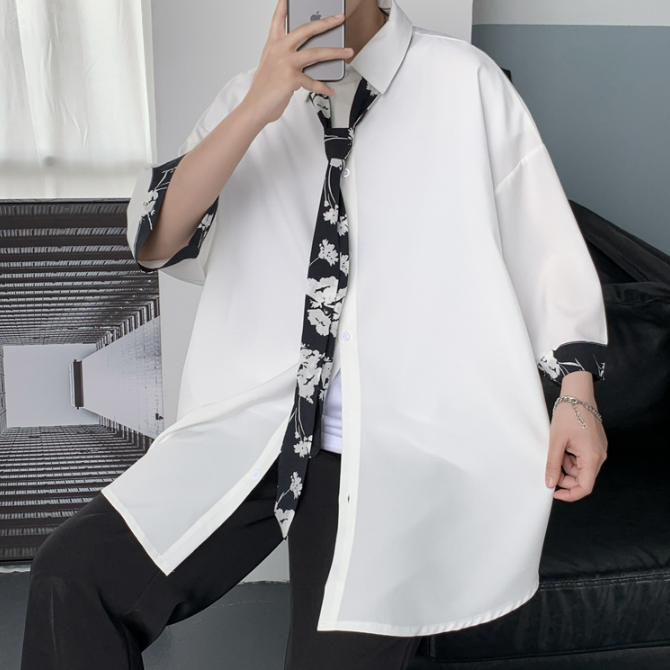 【送領帶】時尚網紅痞帥港風慵懶風短袖襯衫
