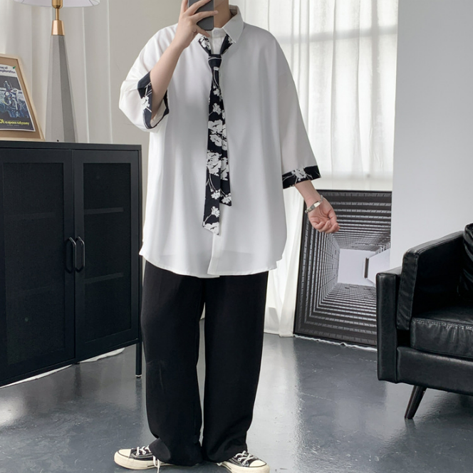 【送領帶】時尚網紅痞帥港風慵懶風短袖襯衫