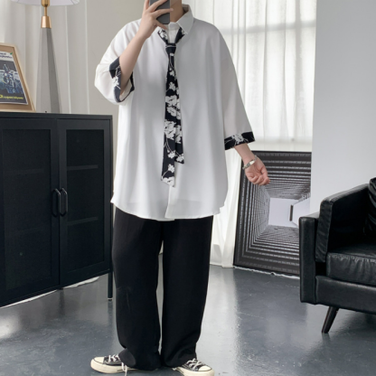 【送領帶】時尚網紅痞帥港風慵懶風短袖襯衫