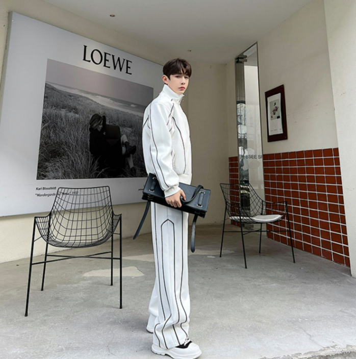 【整套】高級感痞帥寬鬆設計感開衫夾克+休閒運動闊腿褲兩件套