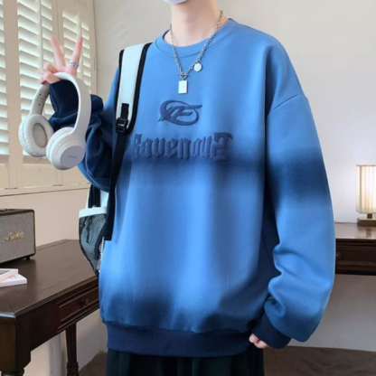 設計感漸變色寬鬆圓領印花休閒長袖衛衣