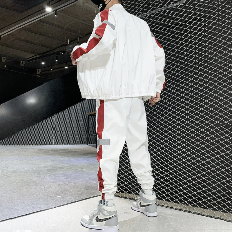 【整套】帥氣拼色反光條夾克外套+休閑運動褲兩件套裝