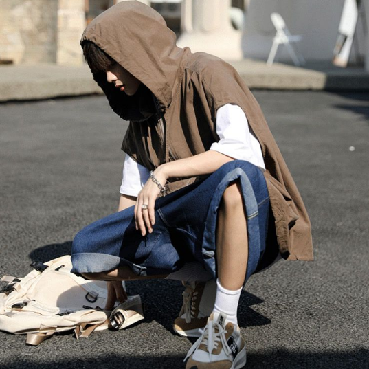 復古文藝休閒外搭寬鬆慵懶風連帽背心馬甲