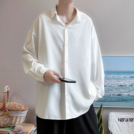 痞帥薄款冰絲垂感休閒大碼寬鬆長袖襯衫-NitSoon