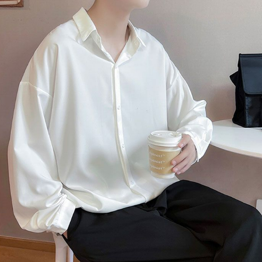 痞帥薄款冰絲垂感休閒大碼寬鬆長袖襯衫-NitSoon