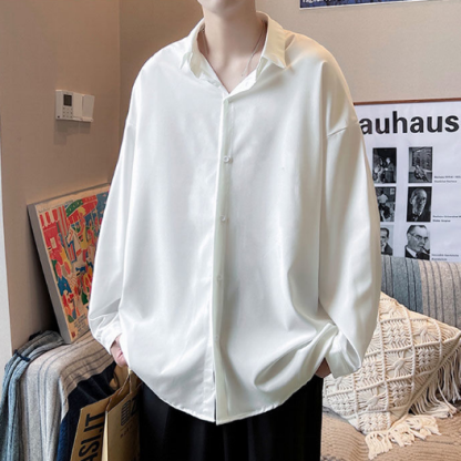 痞帥薄款冰絲垂感休閒大碼寬鬆長袖襯衫-NitSoon