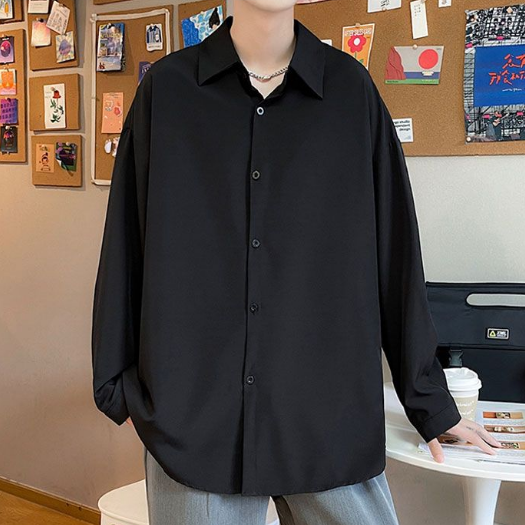 痞帥薄款冰絲垂感休閒大碼寬鬆長袖襯衫-NitSoon