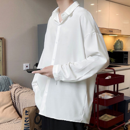 痞帥薄款冰絲垂感休閒大碼寬鬆長袖襯衫-NitSoon