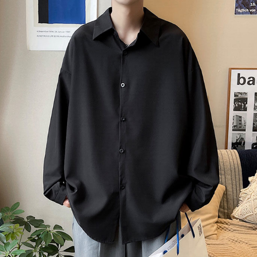 痞帥薄款冰絲垂感休閒大碼寬鬆長袖襯衫-NitSoon