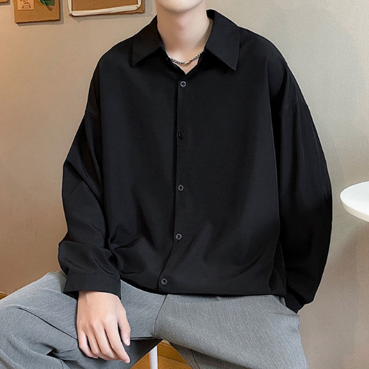 痞帥薄款冰絲垂感休閒大碼寬鬆長袖襯衫-NitSoon