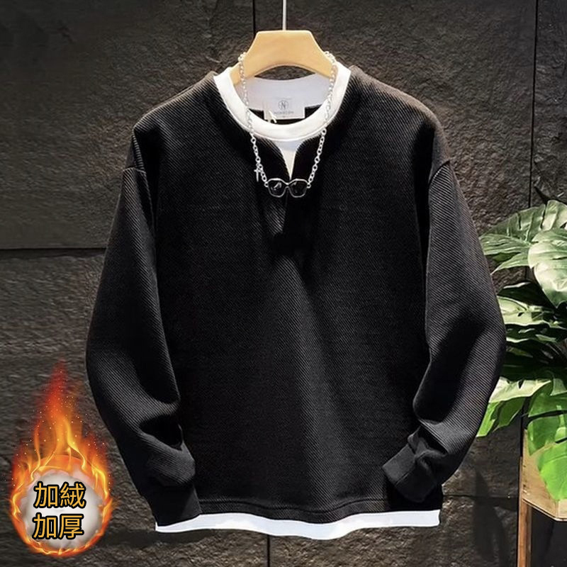 假兩件拼接慵懶風V圓領寬鬆百搭情侶長袖衛衣-NitSoon