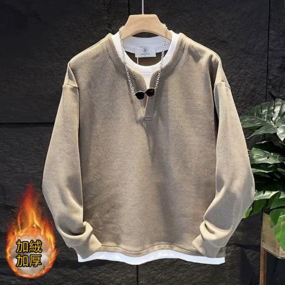 假兩件拼接慵懶風V圓領寬鬆百搭情侶長袖衛衣-NitSoon