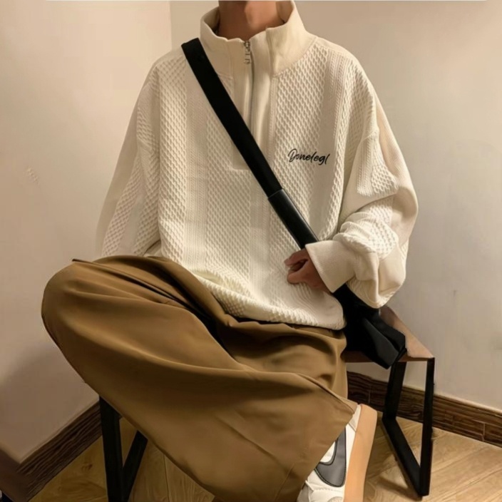 美式高街立領半拉鍊寬鬆運動ins潮長袖T恤