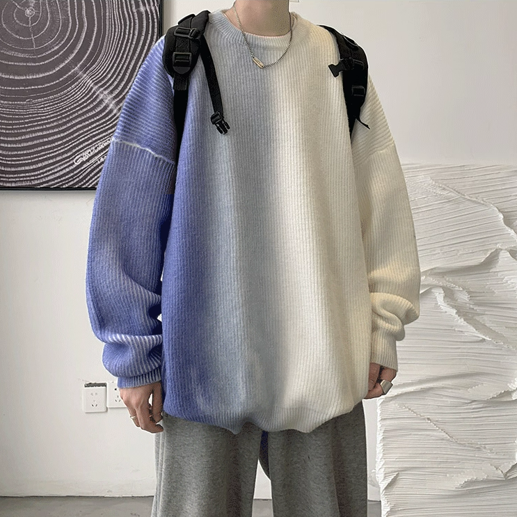 網紅漸變寬鬆慵懶ins港風圓領休閒針織毛衣