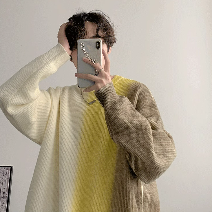 網紅漸變寬鬆慵懶ins港風圓領休閒針織毛衣