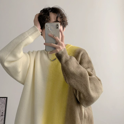 網紅漸變寬鬆慵懶ins港風圓領休閒針織毛衣