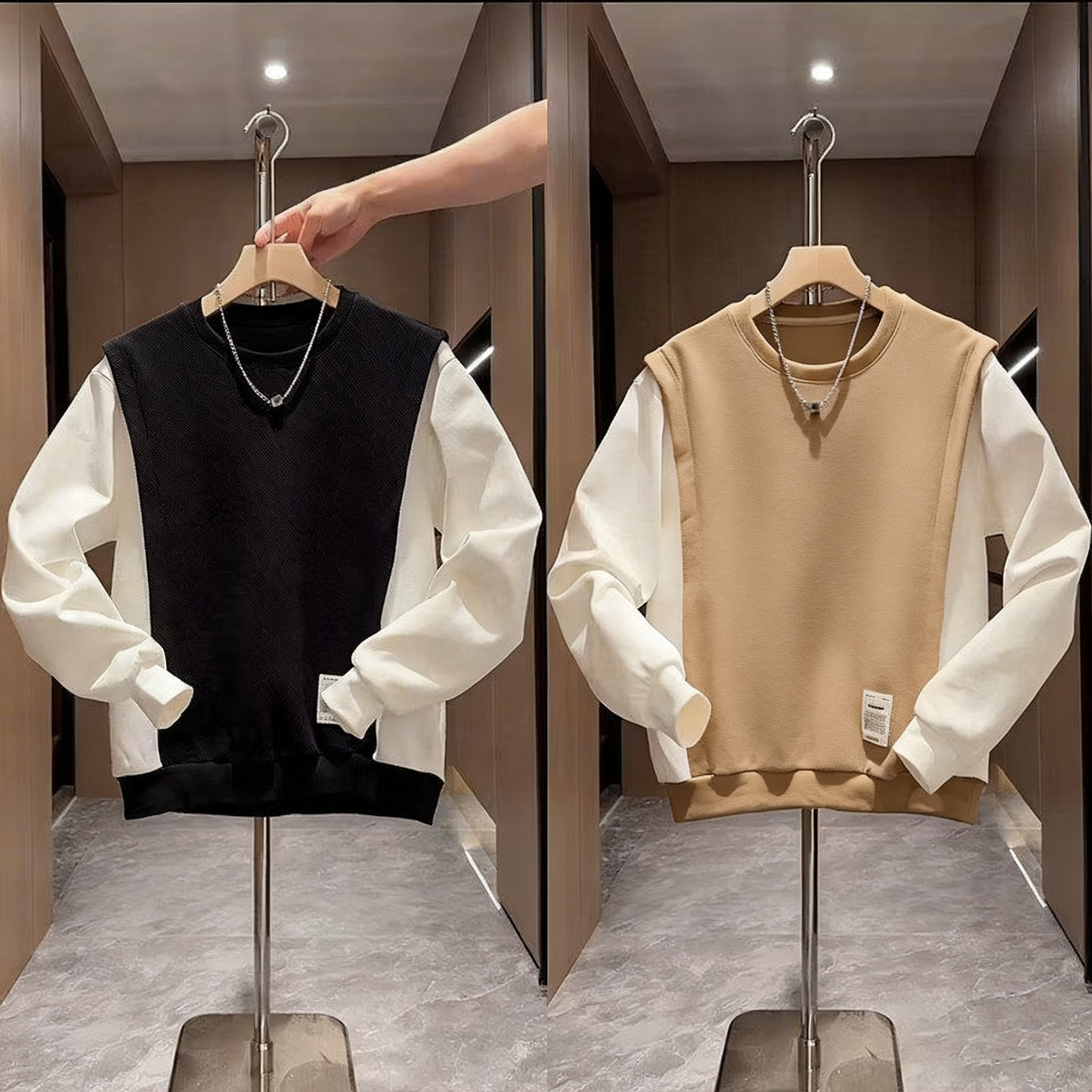 時尚假兩件寬鬆百搭圓領拼接打底長袖T恤