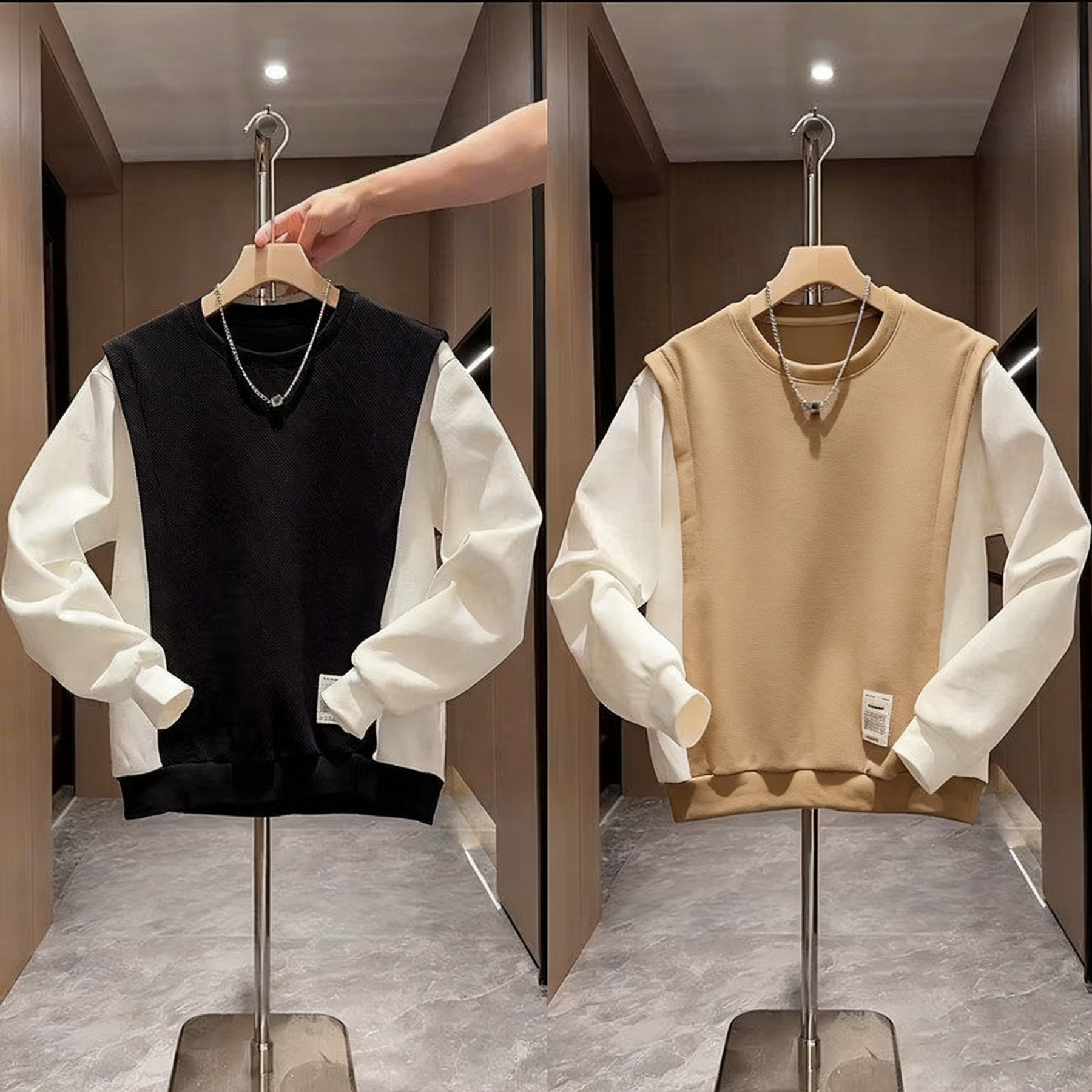 時尚假兩件寬鬆百搭圓領拼接打底長袖T恤